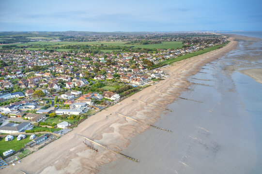 East Preston and Angmering by Sea seafront in West Sussex looking towards Kingston Gorse, Aerial view. 