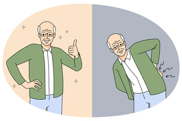 Old man suffer from backache before and after