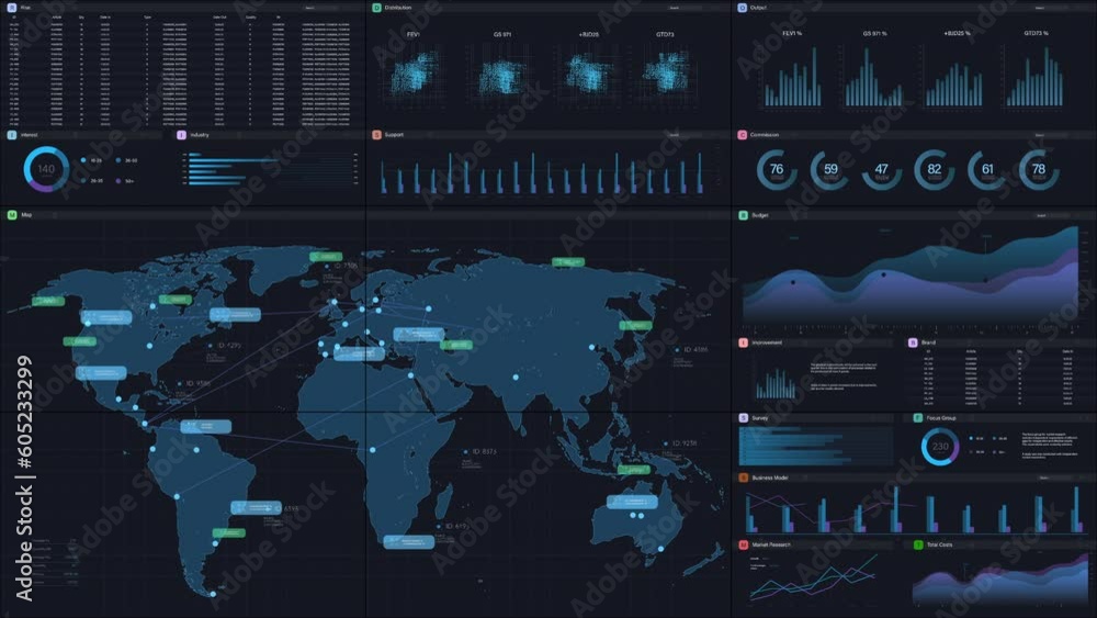 Aufkleber Dark Monitoring Software Mockup With World Map Updating In Real Time And Graphs And Charts With Analytical Data. Computer Programm For Logistics And Distribution Template For Desktop or Laptop Screens