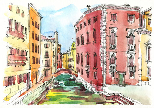 Venice, Italy. Watercolor Travel Sketch. Venice cityscape. Italy Architecture. Streets of the old city. Water canals with gondolas