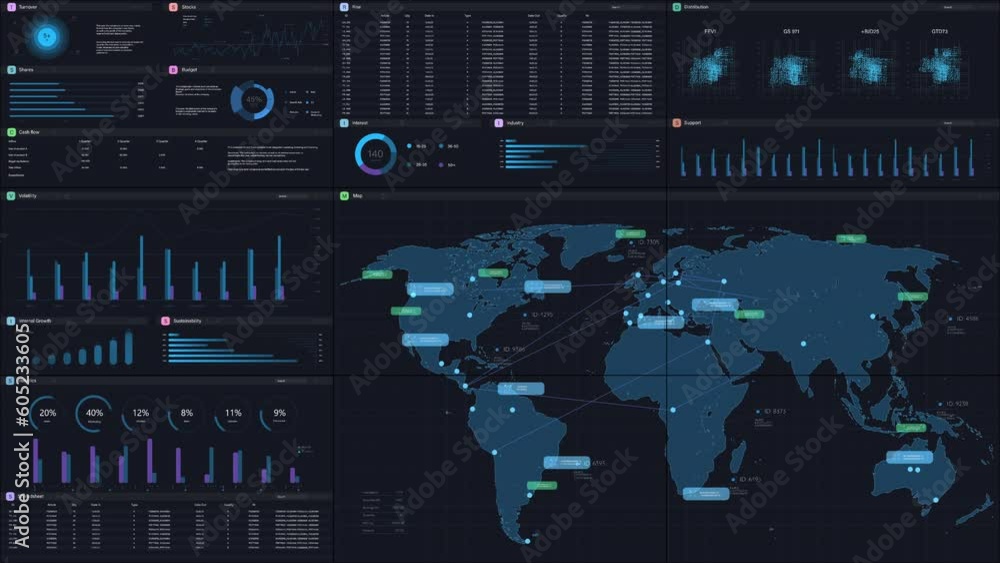 Aufkleber Dark Monitoring Software Mockup With World Map Updating In Real Time And Graphs And Charts With Analytical Data. Computer Programm For Logistics And Distribution Template For Desktop PCs And Laptops.