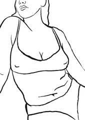 Buste de femme en sous-vêtements, illustration réaliste et minimaliste aux lignes noirs épurées.