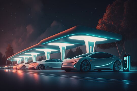 Cars refueling at electric filling station at night, side view. Sports car, futuristic autonomous vehicle. HUD car. Generative AI