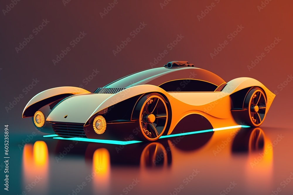 Canvas Prints The car stands in a parking lot in neon lighting, side view. Sports car, futuristic autonomous vehicle. HUD car. Generative AI