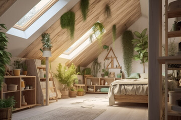 Modern cozy wooden bedroom, eco interior design with beige colors and plants. Super photo realistic background, generative ai illustration
