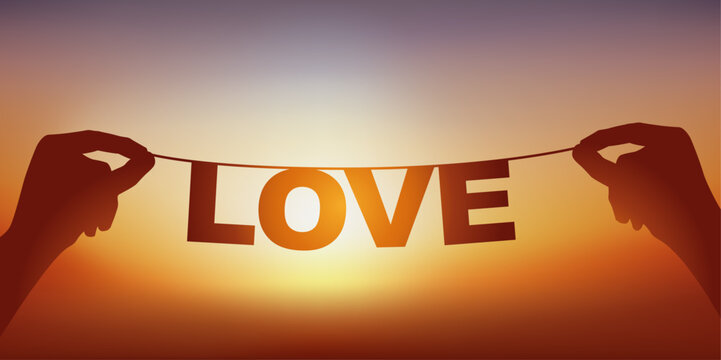 La silhouette du mot amour écrit en lettres détachées sur une guirlande face à un coucher de soleil.