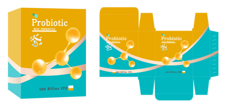 Packaging design, dietary supplement container, probiotic concept box template and mockup box, illustration vector.