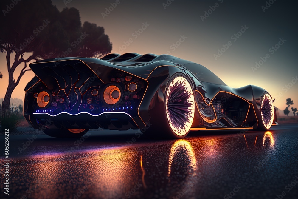 Sticker The car stands on the road in the night city, side view. Sports car, futuristic autonomous vehicle. HUD car. Generative AI