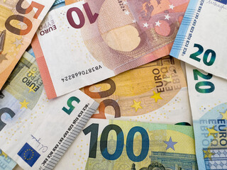 Euro coins and notes. Euro Money and cash background. Euro Money Banknotes for pay. Euro bills and coins in Crisis of the European Union. Coins and bills for pension.