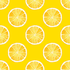 Watercolor lemon seamless pattern. Ripe round slices of citrus fruits on a yellow background. Tropical summer design for fabric, wallpaper, packaging, menu.