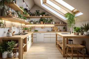 Fototapeta premium Modern cozy kitchen, eco interior design with beige colors and plants. Super photo realistic background, generative ai illustration