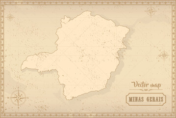 Map of Minas Gerais in the old style, brown graphics in retro fantasy style. Federative units of Brazil.