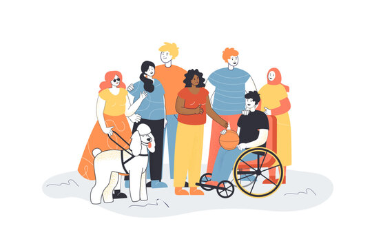 Diverse young people next to happy boy in wheelchair. Persons with physical disability, guide dog, Muslim girl, African American woman vector illustration. Inclusion, diversity, community concept