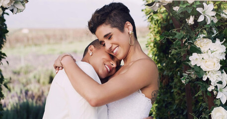 Love, hug and lgbtq with lesbian couple at wedding for celebration, gay and pride. Smile, spring and happiness with women at marriage event for partner commitment, sexuality and freedom