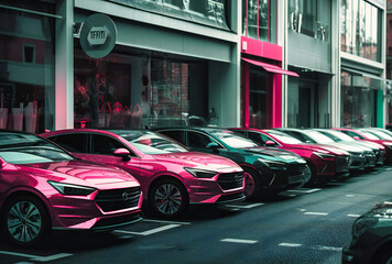 rows of new cars are parked in front of a shop - obrazy, fototapety, plakaty