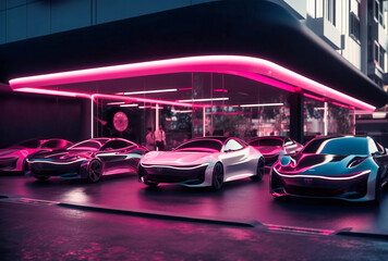 rows of new cars are parked in front of a shop