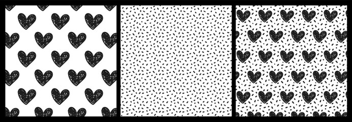 Set of patterns with textured black hearts and dots. Pattern with strokes. Hand-drawn