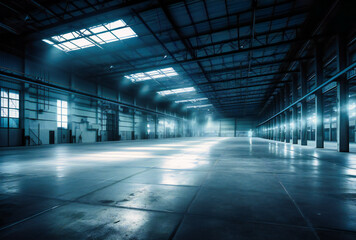 empty large warehouse with floor lighting