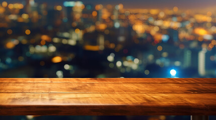 Wood texture table top (counter bar) with blur light gold bokeh in cafe,living room background for advertising and background Generative AI