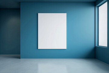   blue empty living room with windows, parquet floor and mockup posters Generative AI 
