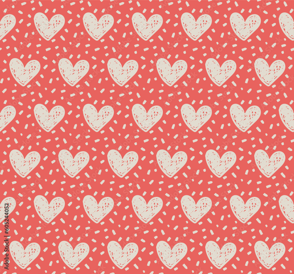 Poster seamless patterns with white textured hearts and dots on red background. hand draw.