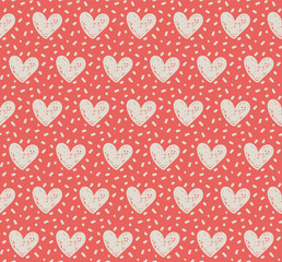Seamless patterns with white textured hearts and dots on red background. Hand draw.
