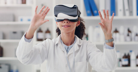 Science, virtual reality and metaverse with woman in laboratory for research, pharmacy and...