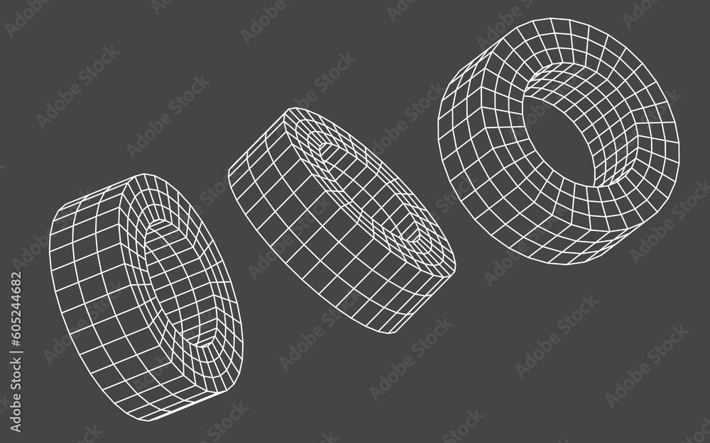 Poster wireframe hollow cylinders isolated on black background. abstract mesh rings of geometric lines, out