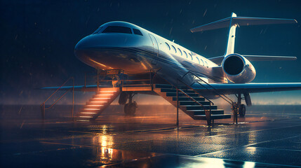Fototapeta premium private plane with steps led up to it in the evening