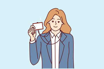 Businesswoman demonstrating ID badge to gain access to room or to introduce herself when meeting colleague. Girl manager in business clothes shows ID badge giving right enter office.