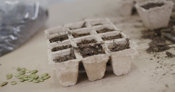 Close up of seeds, biodegradable seed trays, soil and trowel on table top, slow motion