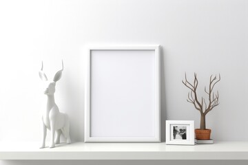 a white picture frame on a white shelf