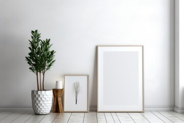 a minimalist white room with a plant and a picture frame