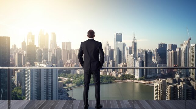 Businessman standing on the roof and looking at the city. Business concept.Generative Ai