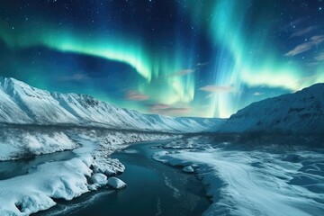 Aurora Borealis over a Snowy Mountain Rang