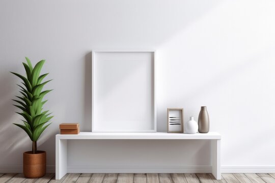 Illustration of a minimalistic white shelf with a green plant and a wooden picture frame, Generative AI