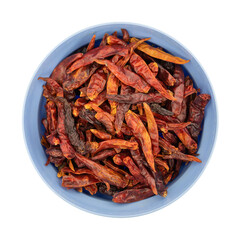 Vietnamese chili peppers in a blue bowl top view.