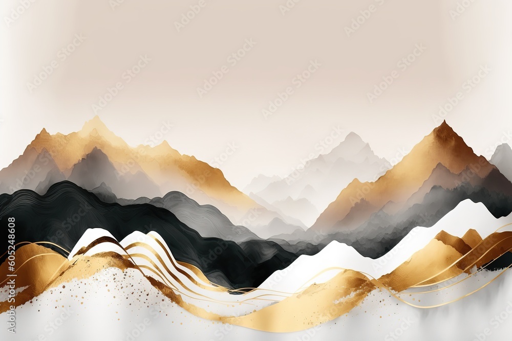Poster golden mountains with sharp ridges. beautiful, minimalistic print for your decor for postcard, congr