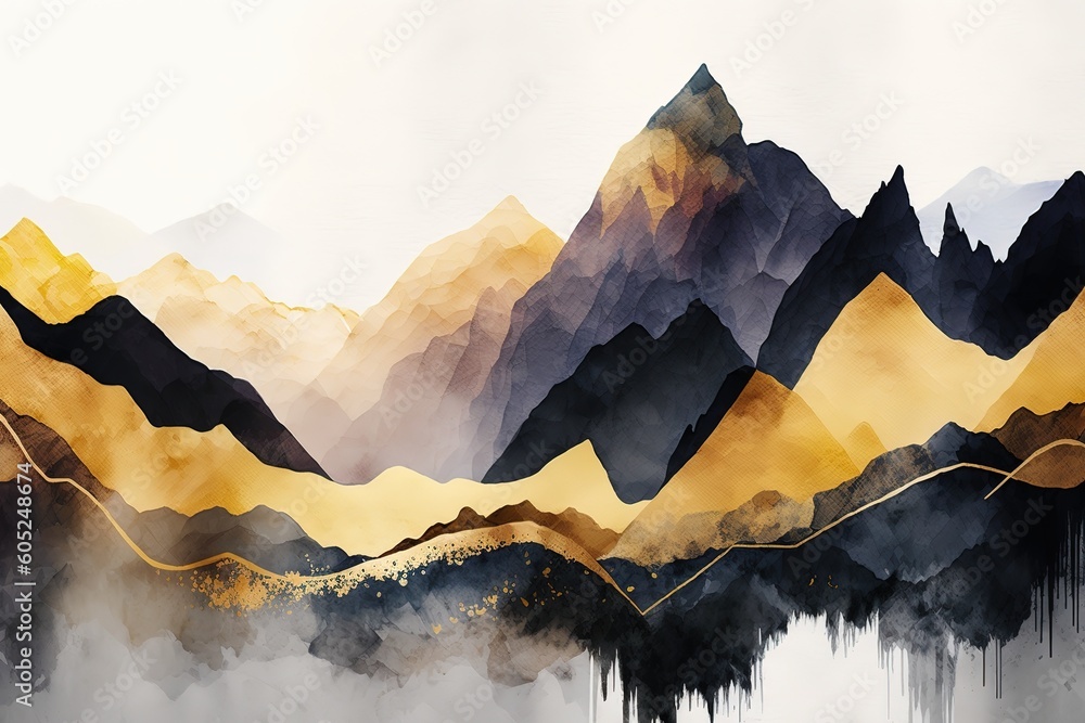 Poster golden mountains with sharp ridges. beautiful, minimalistic print for your decor for postcard, congr