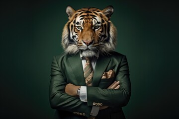 a man wearing a tiger head as a hat in a formal suit