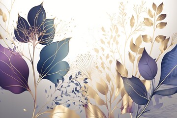 Spring bouquet of flowers with blue and gold leaves. Beautiful, minimalist print for your decor for postcard, congratulations and poster. Generative AI