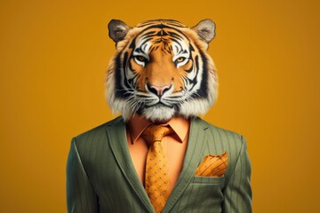 A man wearing a tiger head as a hat and a suit