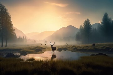 Naklejka na ściany i meble Illustration of a majestic deer standing by a serene lake in a green field, Generative AI