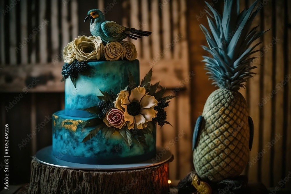 Poster A large cake with decorations on it is on the table next to the pineapple. Generative AI