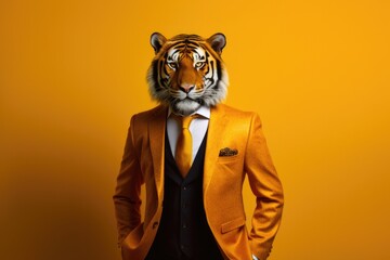 Illustration of a man wearing a tiger mask over his head and a formal suit, Generative AI