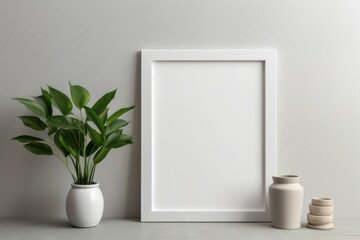 a white picture frame and a potted plant placed together