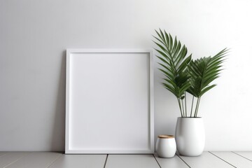Illustration of a minimalist decor with a white picture frame and vases, Generative AI