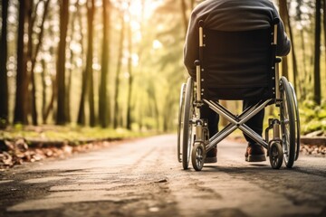 Illustration of a wheelchair user enjoying nature on a forest trail, Generative AI