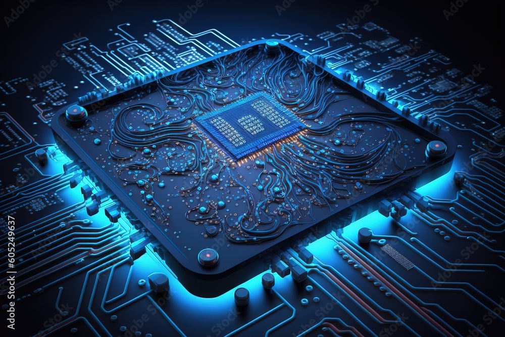 Poster digital circuit, system interface for connecting to computer data on a dark blue background. generat
