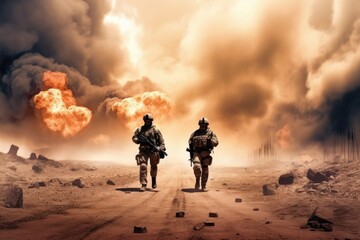 Obraz na płótnie Canvas Illustration of two soldiers walking down a smoke-filled dirt road during a war, Generative AI